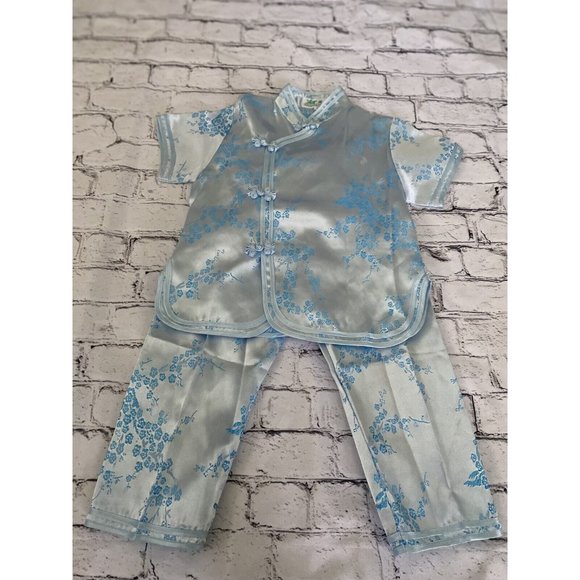 Chinese New Year Baby Girl Boy Shirt Pant Set Blue Satin Outfit Size S Kids NWOT